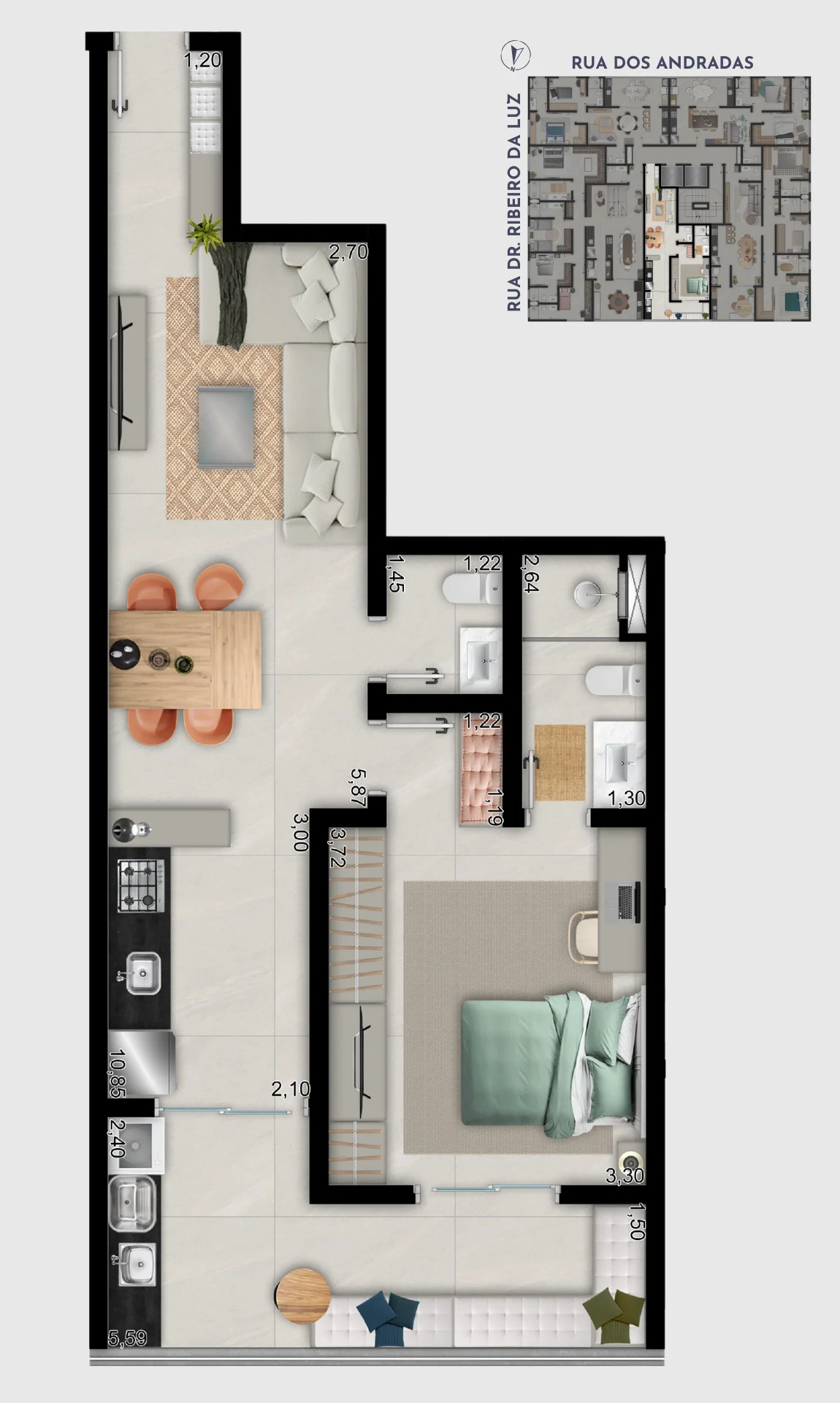 Planta humanizada apartamento de 1 suíte do Edifício Ferraz Junqueira