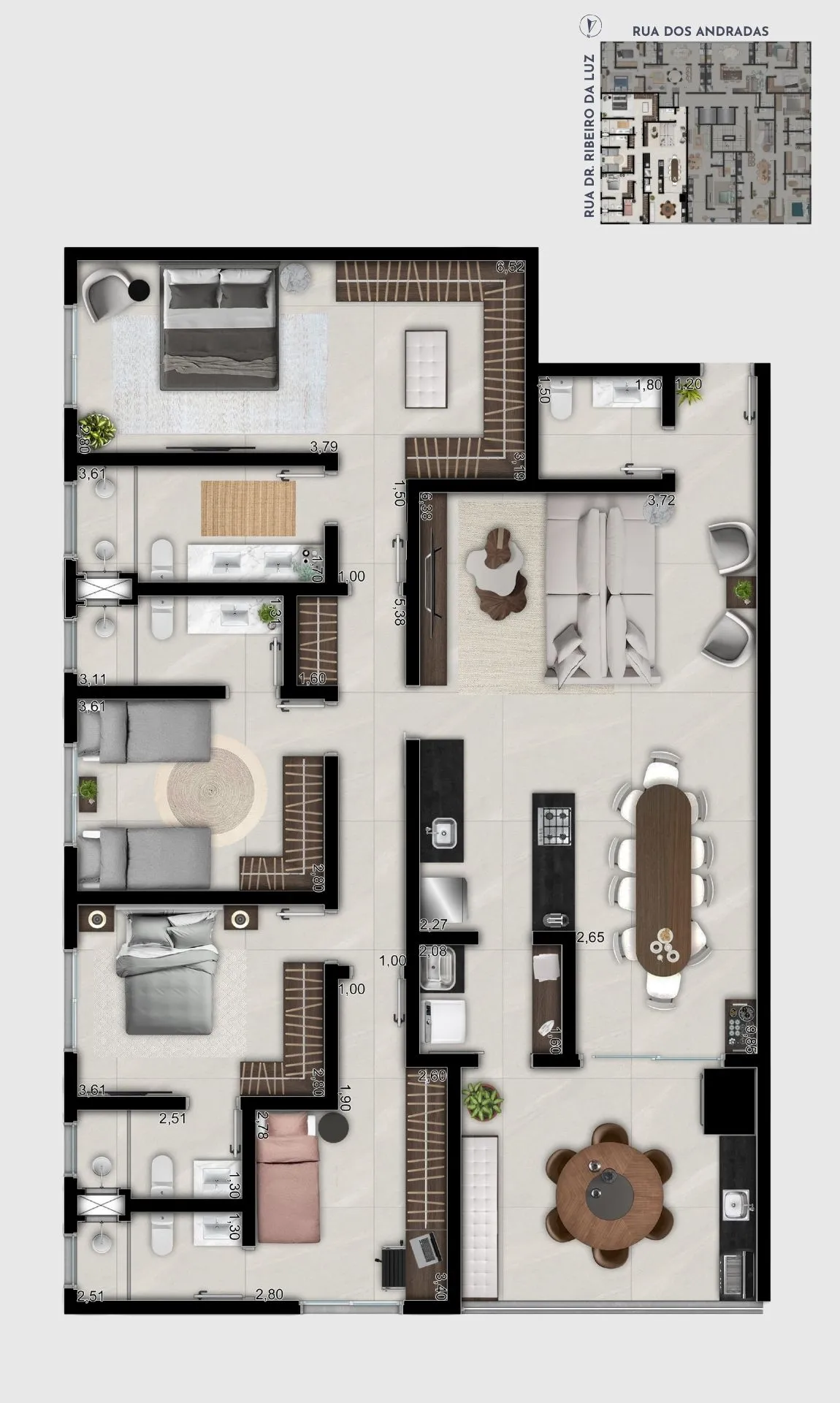 Planta humanizada - 4 Suítes - Edifício Ferraz Junqueira